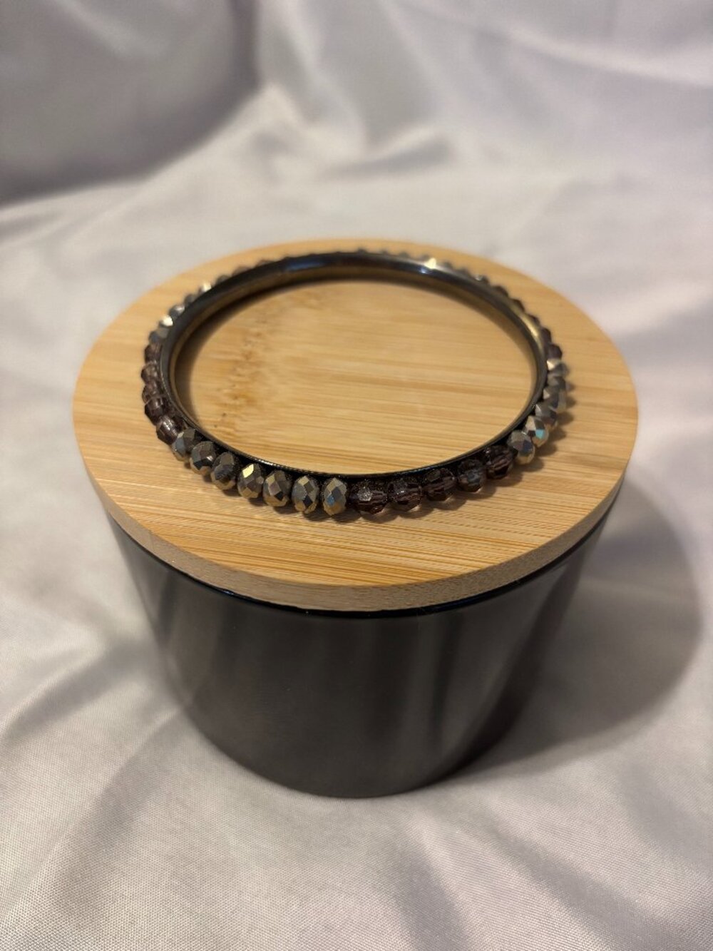 Gunmetal Beaded Bangle Bracelet – Smoky Purple & Metallic Gray Faceted Beads